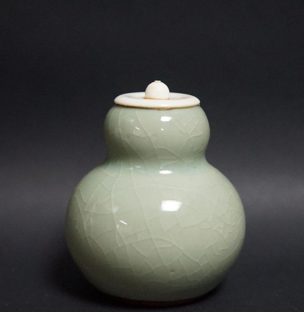 茶道具 四代清風与平作 瓢箪形青磁茶入 共箱★時代物★