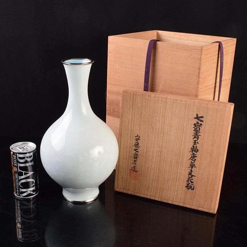 Gojyo　七宝焼　安藤七宝店造　青玉釉唐草文花瓶　共箱　D　R9181H