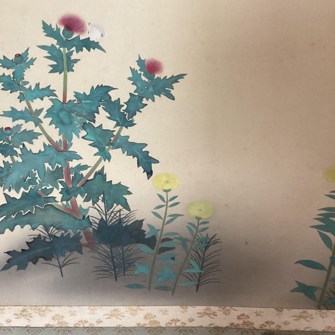 横山大観　　絹本彩色画　　【野の花　あざみ】複製画　　掛軸一幅　150