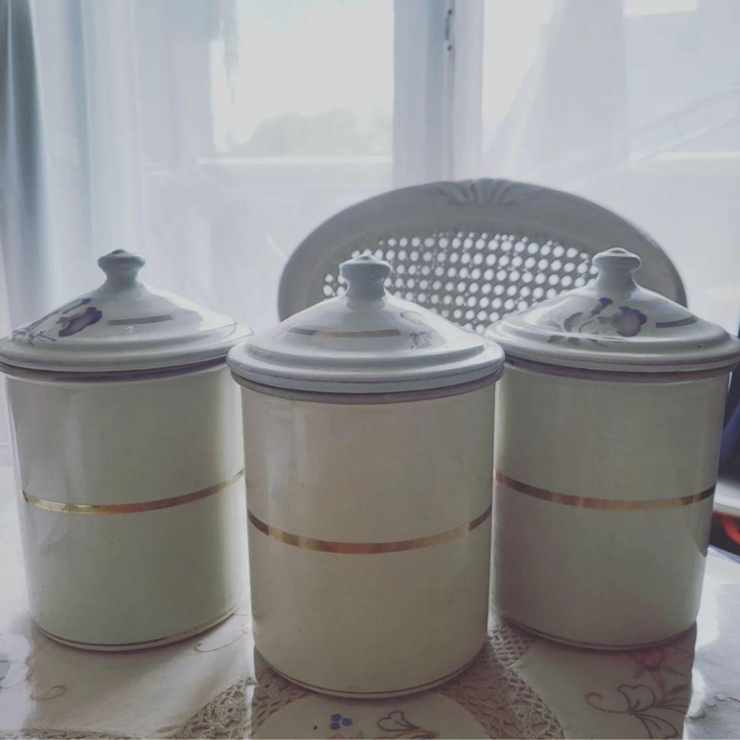 フランスアンティーク 薔薇とパンジー JAPY ホーローキャニスター 3つセット