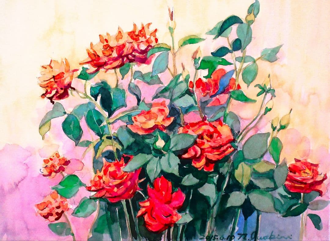 水彩画 バラの花束 額装付き F6サイズ 原画