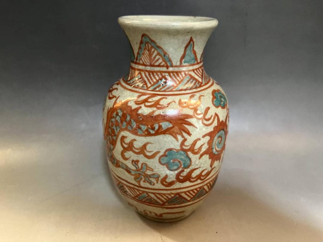 花瓶■古い赤絵龍文口広瓶 花器 花生け 置物 古玩 唐物 中国 時代物 骨董品■