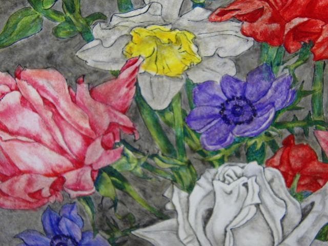 服部和三郎、薔薇とアネモネ 水仙 チューリップ、F10号、真作油絵、新品油彩額付