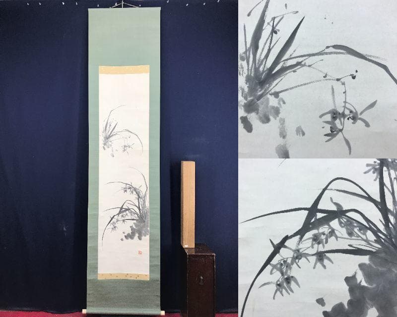真作/滝和亭/秋蘭図/ラン図/花図/花鳥図/掛軸☆宝船☆AE-415