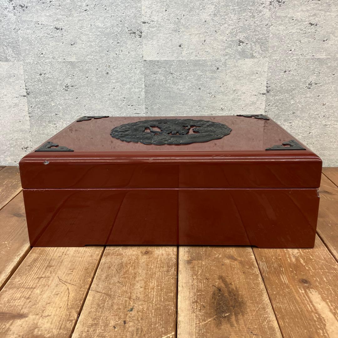 昭和レトロ 仙台箪笥 漆塗り 朱塗 木製 竜金具 文箱 硯箱 習字箱 書類ケース