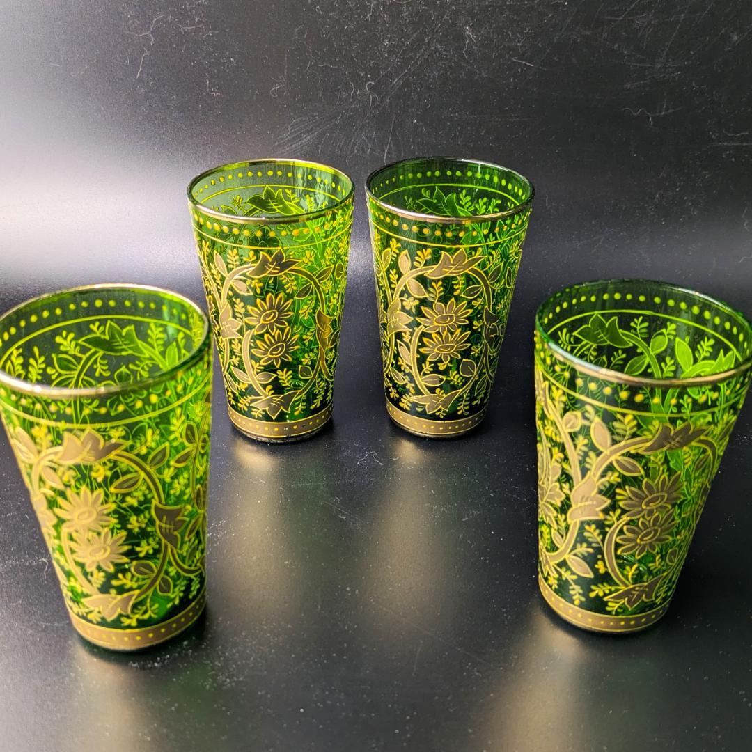 Moser モーゼル 金彩グラス 4個セット エメラルドグリーン アラベスク文様