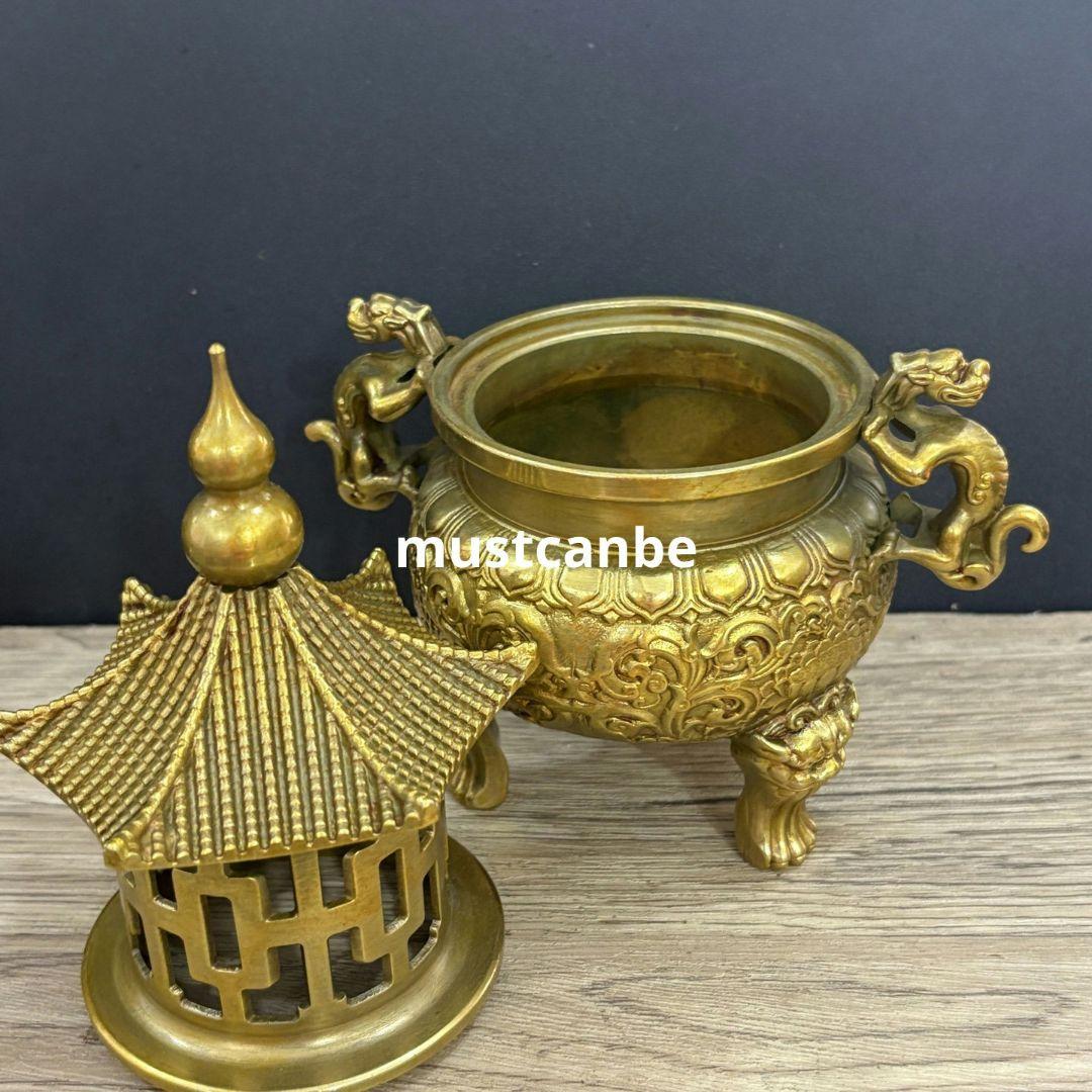 銅製 塔炉 双耳戯珠竜炉 薫香炉 香道具 工芸品 置物