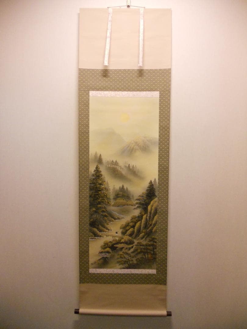 掛け軸 竹内松風 超光力 光臨 彩色山水 絹本 希少 軸装 茶道具 掛軸 美品