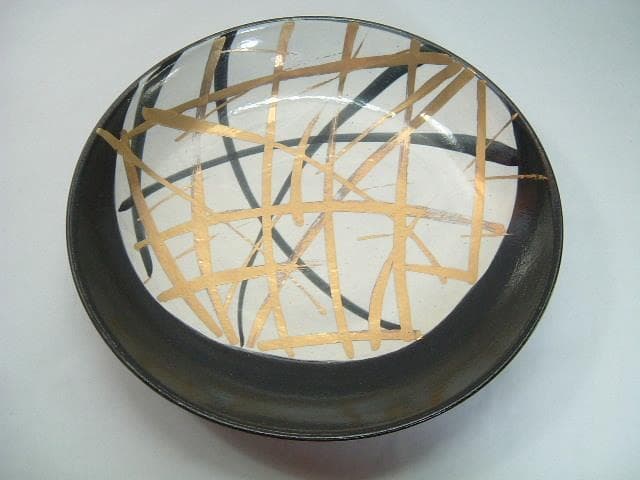 鉢■武蔵野盛鉢【陶祥窯作】招月庭陶 所・黒釉 金彩 大鉢 お茶道具 菓子器■