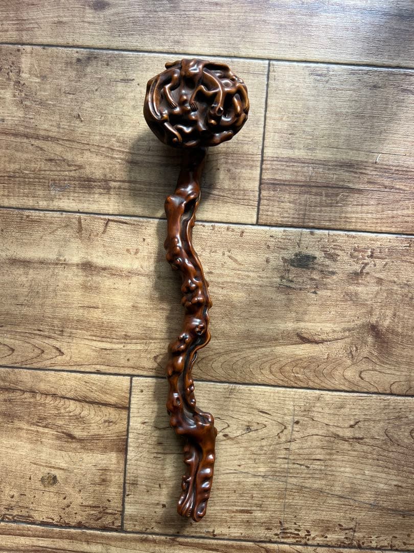 古美術 如意彫刻 木製 L-29cm