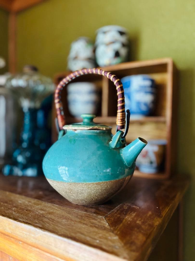 伊賀　丸柱　青　緑釉　薬土瓶　急須　民藝　古道具　希少　骨董