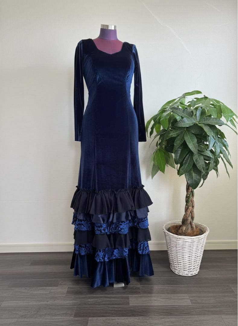 フラメンコ衣装　ワンピース　ベロア　ネイビー　ハンドメイド