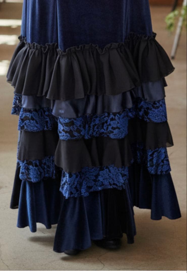 フラメンコ衣装　ワンピース　ベロア　ネイビー　ハンドメイド