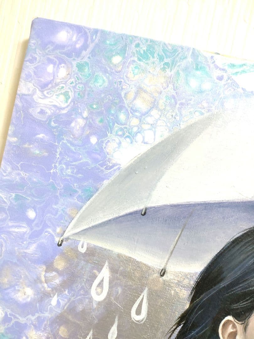 人物画【にわか雨】作者サイン入り/油絵/美人画/フルイドアート