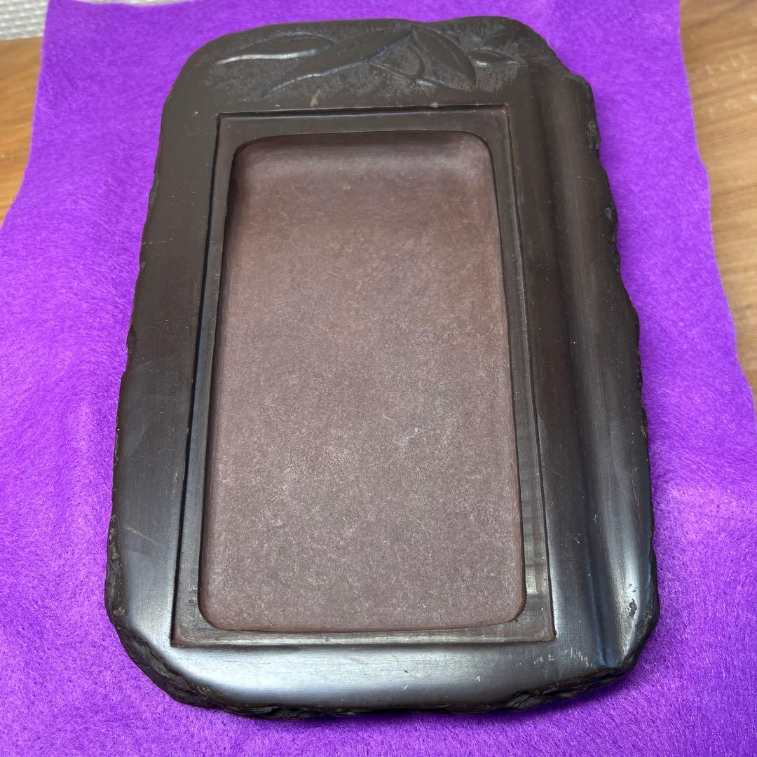 ⭕️赤間硯　植野玉泉堂　玉泉　笹竹葉彫刻石共蓋付き　手間あり入念　蓋付き大型硯