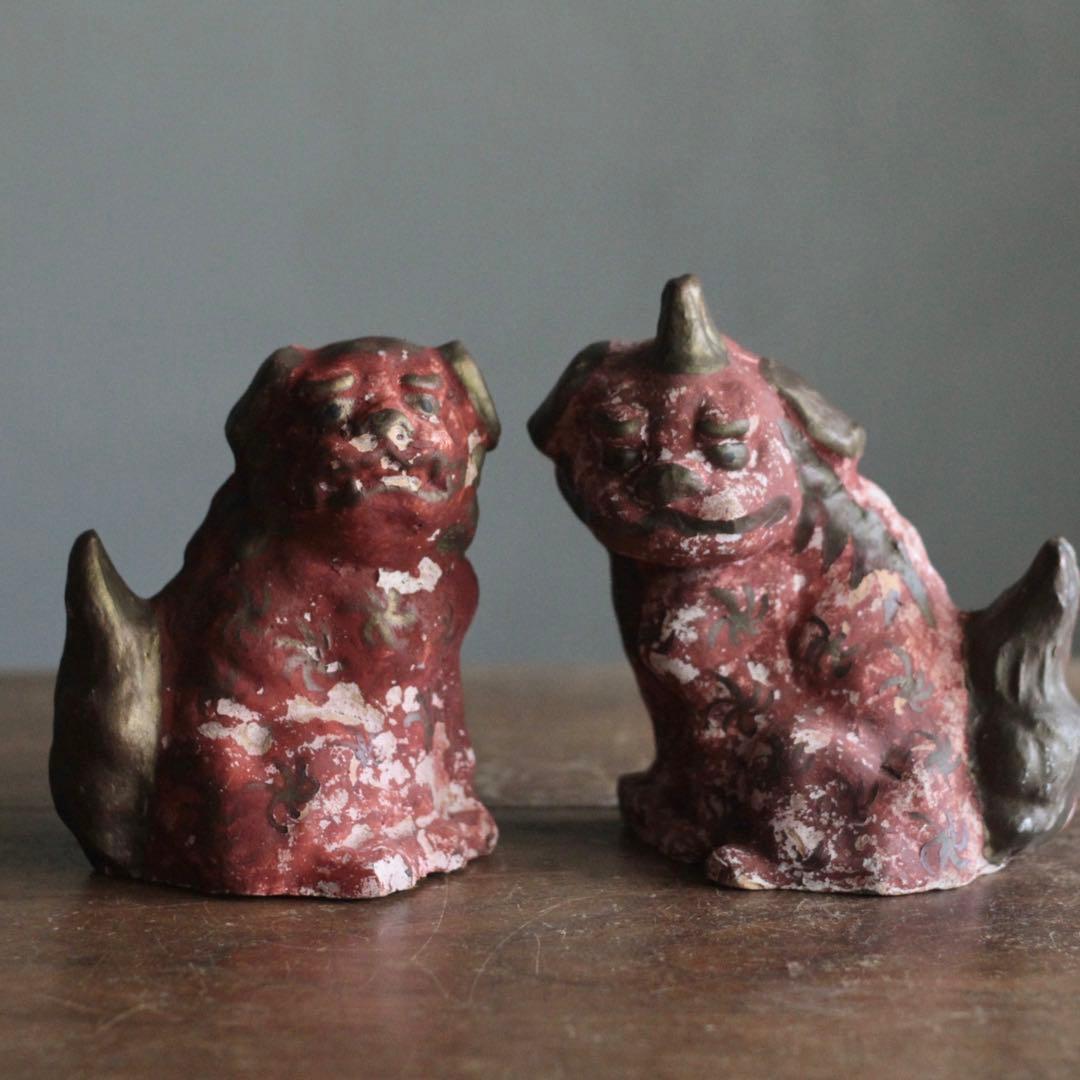 古い 土人形 獅子と狛犬 八橋人形 郷土人形 古道具 アンティーク オブジェ