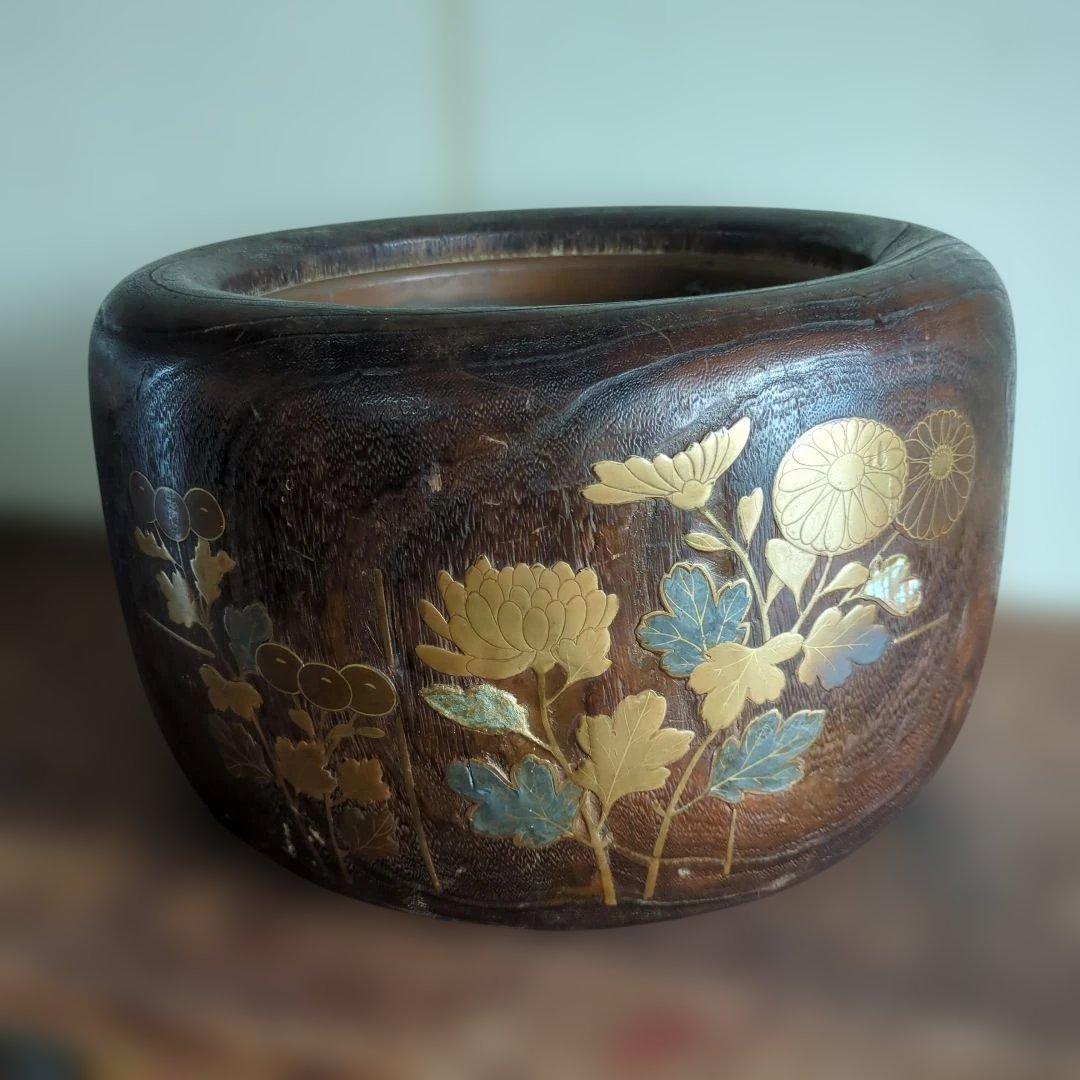 骨董　火鉢　蒔絵　螺鈿　大振り　内側銅器　花入　鉢カバー
