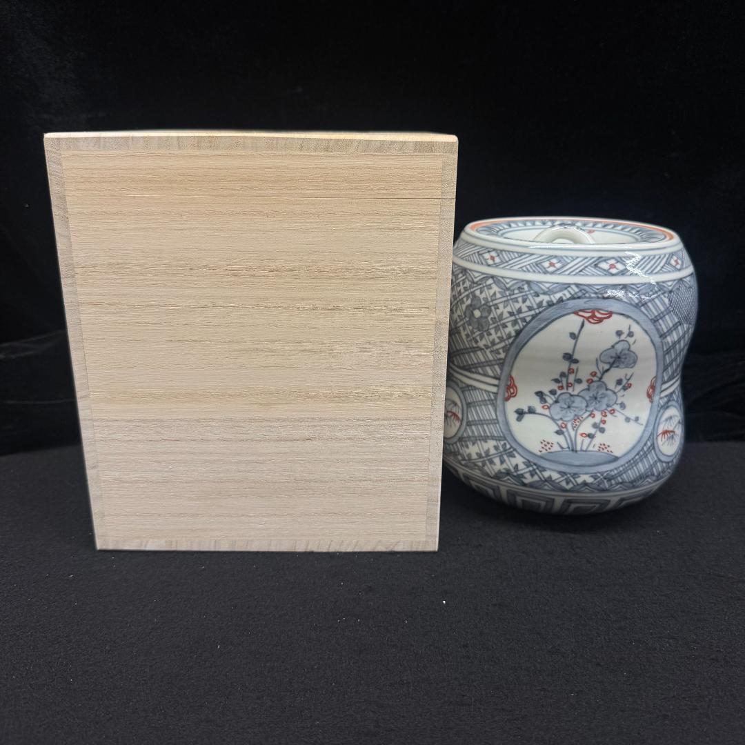 希少 五代 佐藤走波作 染錦草花文　水指　在銘　時代物　共箱 有田焼