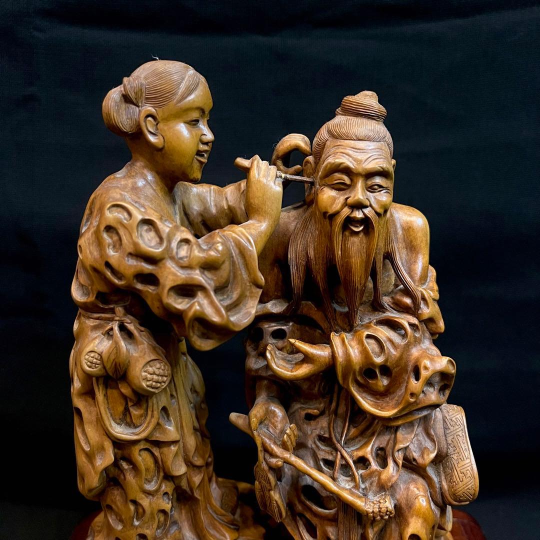 【超希少】 中国美術 高級天然木彫刻 木彫り 置物 耳掻き 夫婦 翁 一刀彫