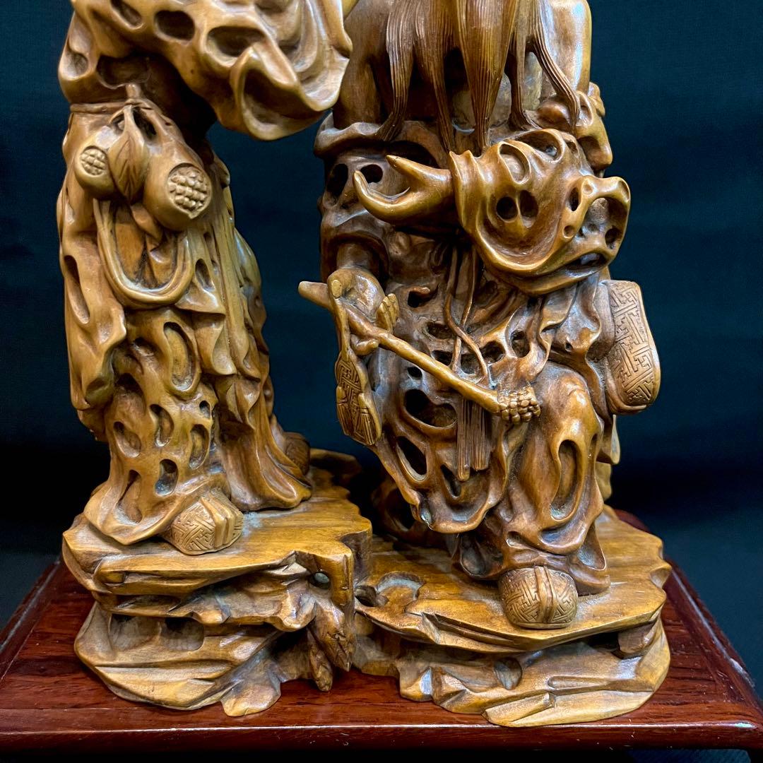 【超希少】 中国美術 高級天然木彫刻 木彫り 置物 耳掻き 夫婦 翁 一刀彫