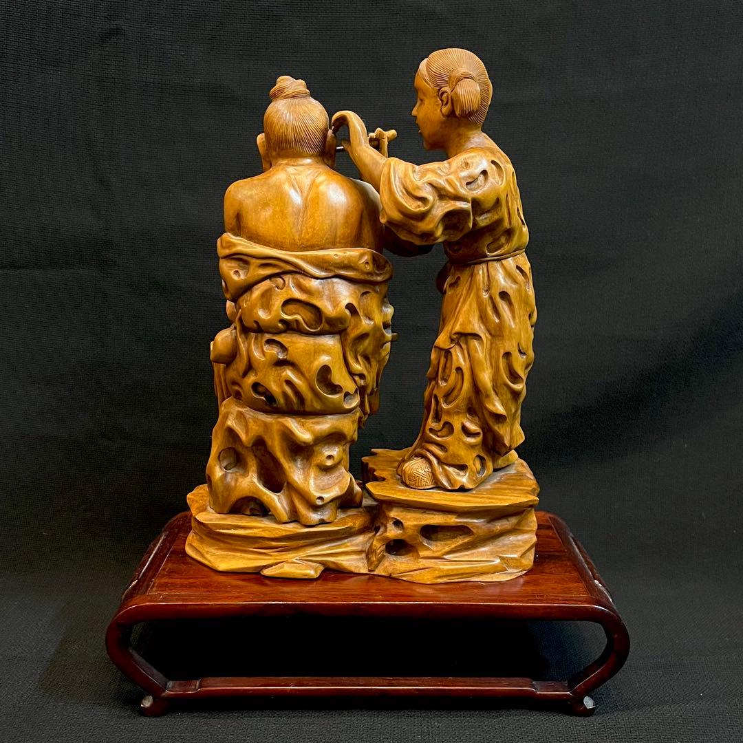 【超希少】 中国美術 高級天然木彫刻 木彫り 置物 耳掻き 夫婦 翁 一刀彫