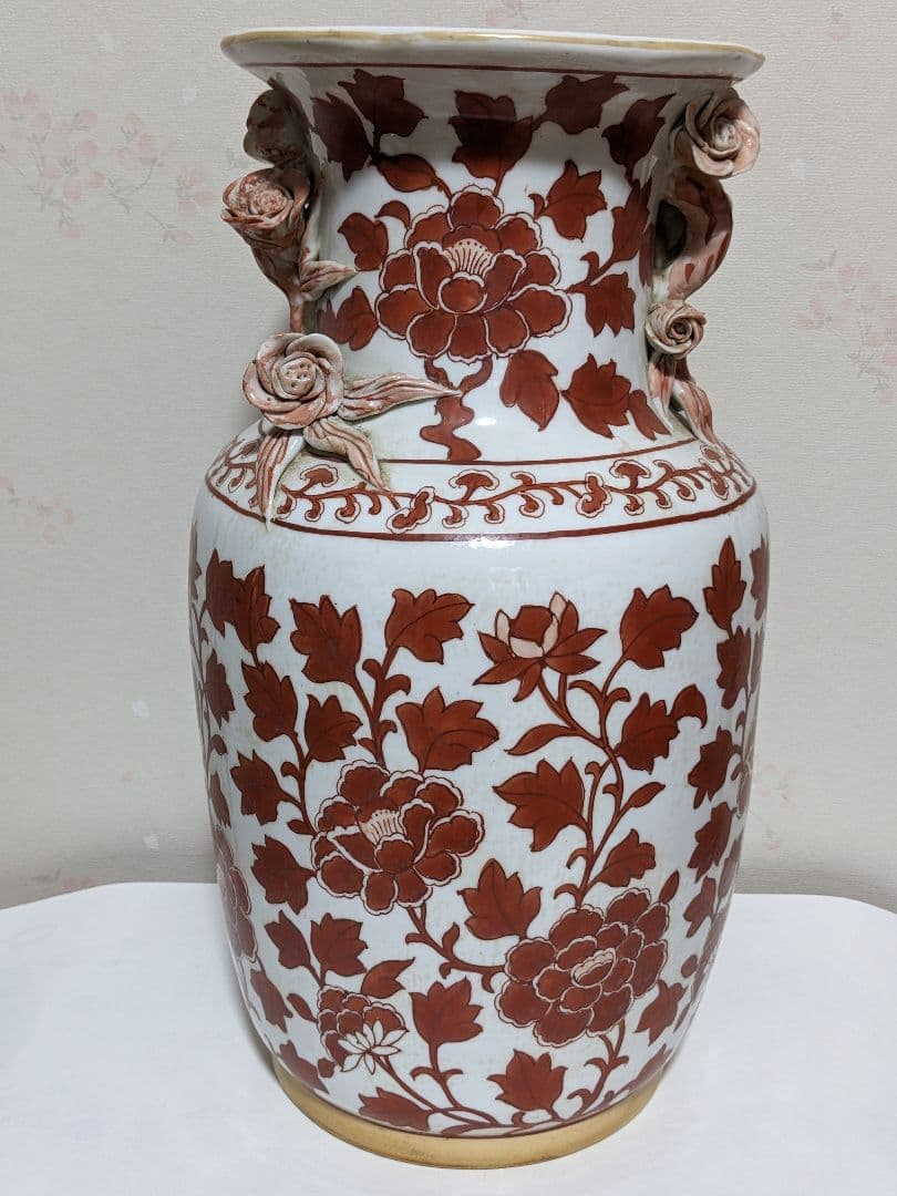 ♦中国陶磁器 紅釉花卉文様 貼花 蕾花双耳瓶 花瓶 民国時代 華東堂製 骨董品