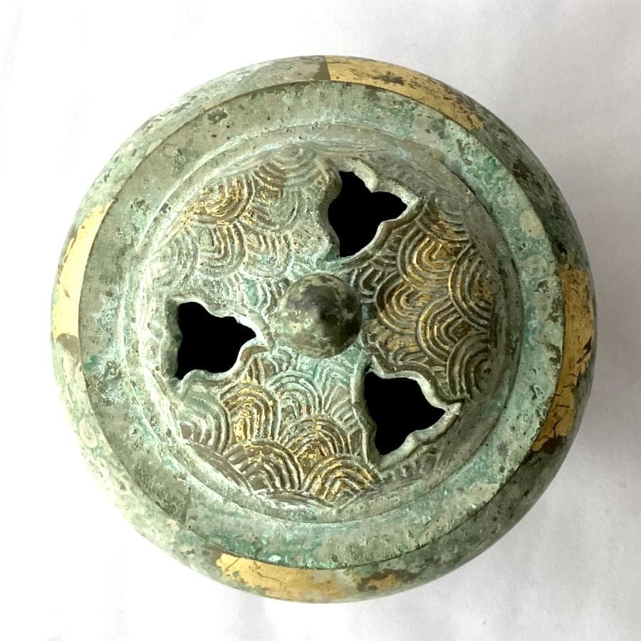 日本香堂 香炉 波千鳥 高岡銅器 銅製 金彩 緑青 古色仕上げ 仏具 茶道具