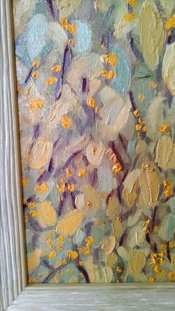 抽象油彩画 黄色と緑の葉 約25cm