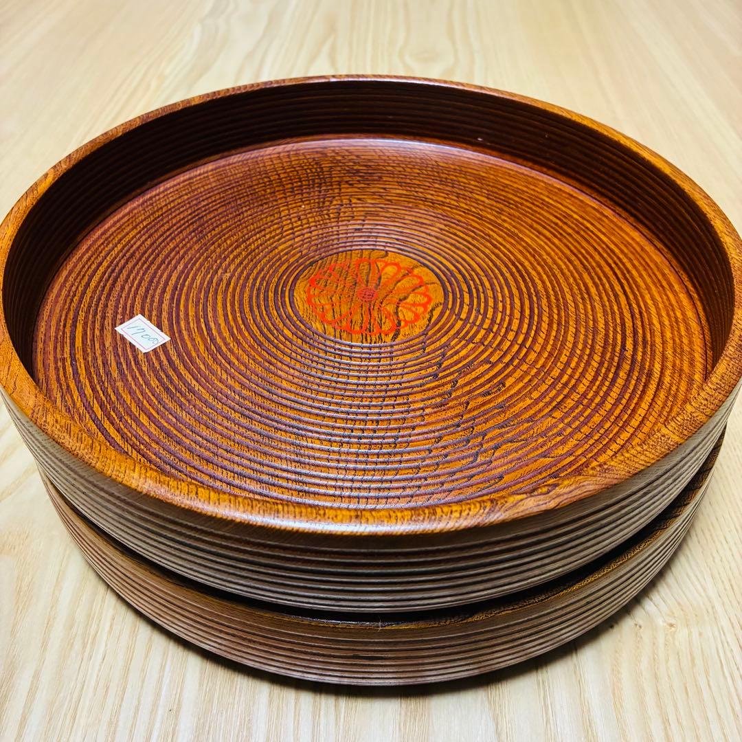 【高級】天然木くり抜き 丸盆 2枚セット 千筋挽き 菊紋 29cm 1.7万/枚