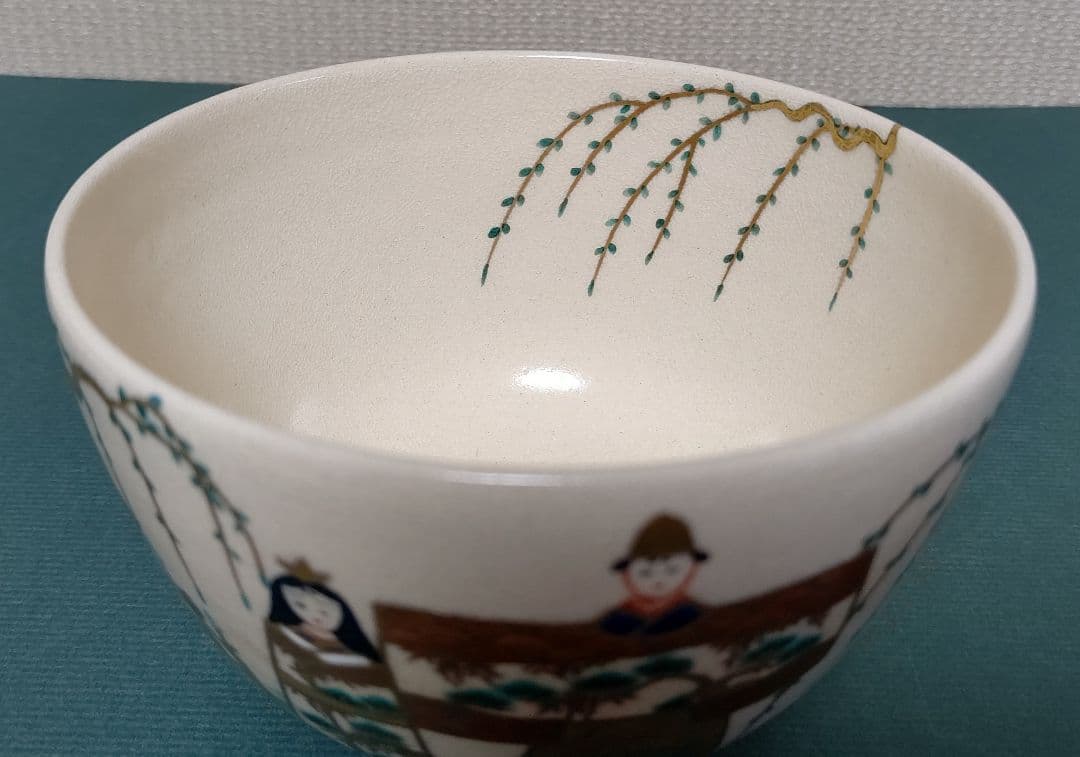杉田祥平造 色絵仁清立雛画茶碗 清閑寺窯 木箱付 立雛 抹茶茶碗