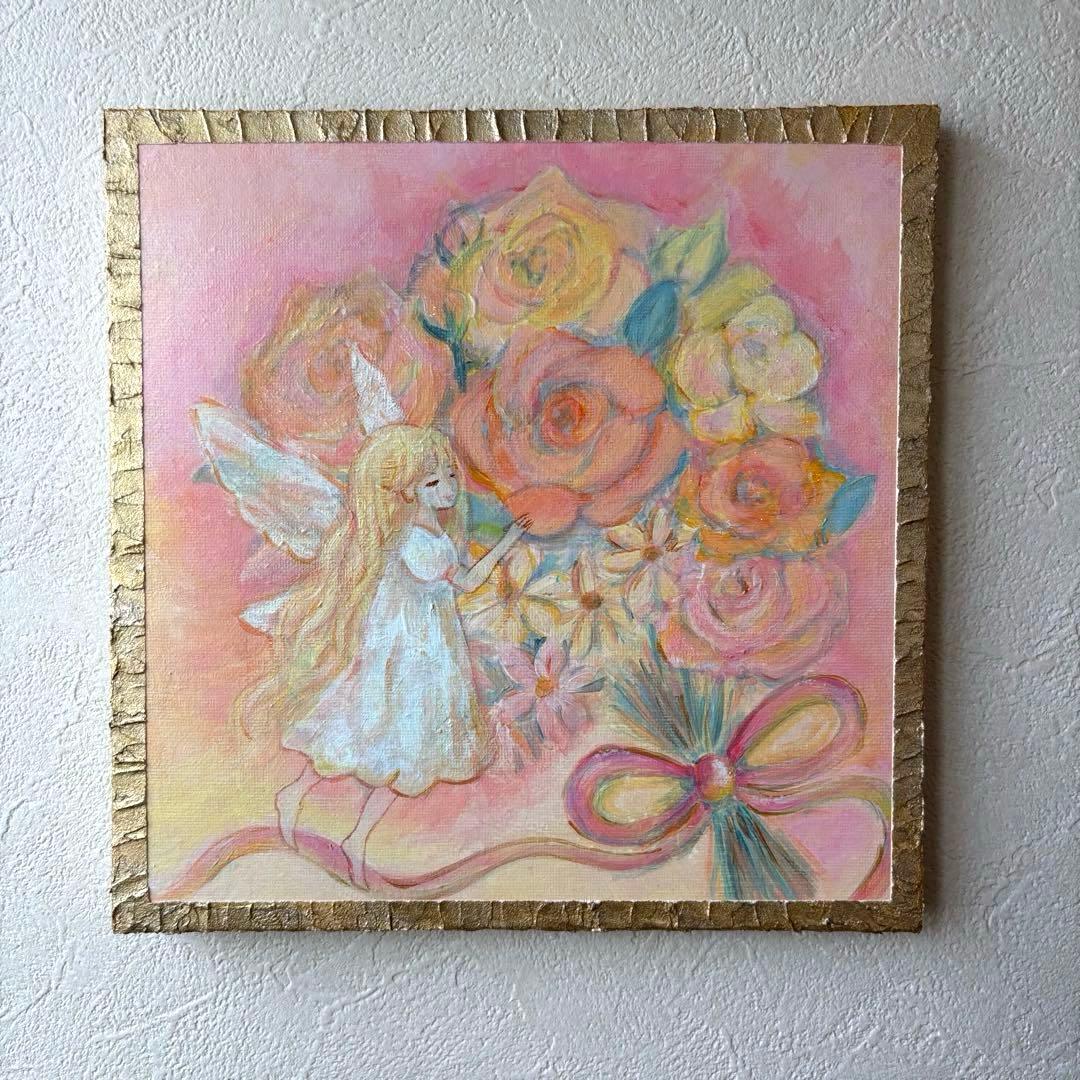 花束と天使のアクリル画 原画　癒しのインテリア テクスチャーアート