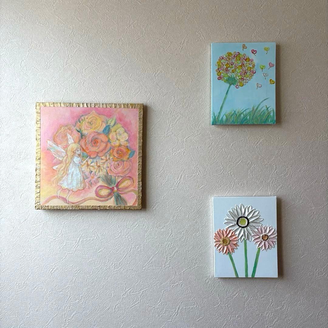 花束と天使のアクリル画 原画　癒しのインテリア テクスチャーアート