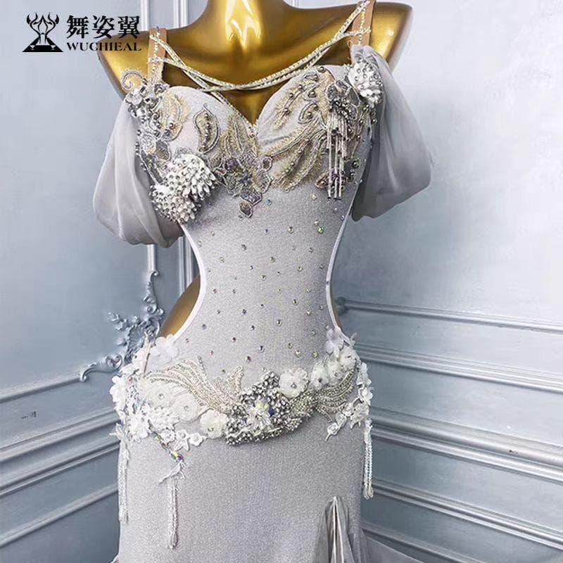 ベリーダンス衣装 シルバービジュー舞台ロングドレスエレガント 社交ダンスドレス