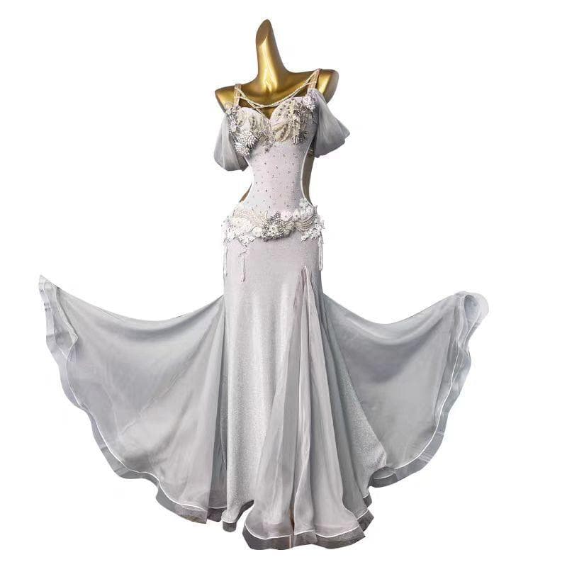ベリーダンス衣装 シルバービジュー舞台ロングドレスエレガント 社交ダンスドレス