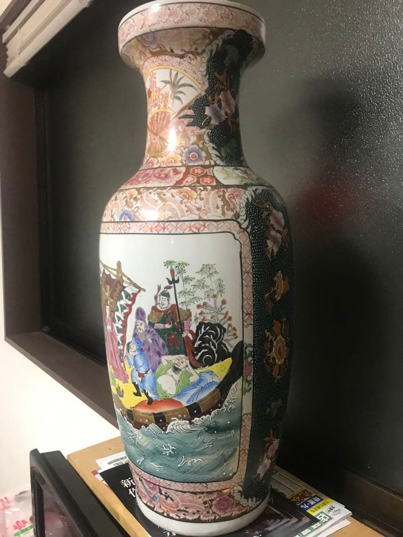 大型絵付花瓶 金彩風 七福神図 高さ60.5cm 陶器 壺 ツボ