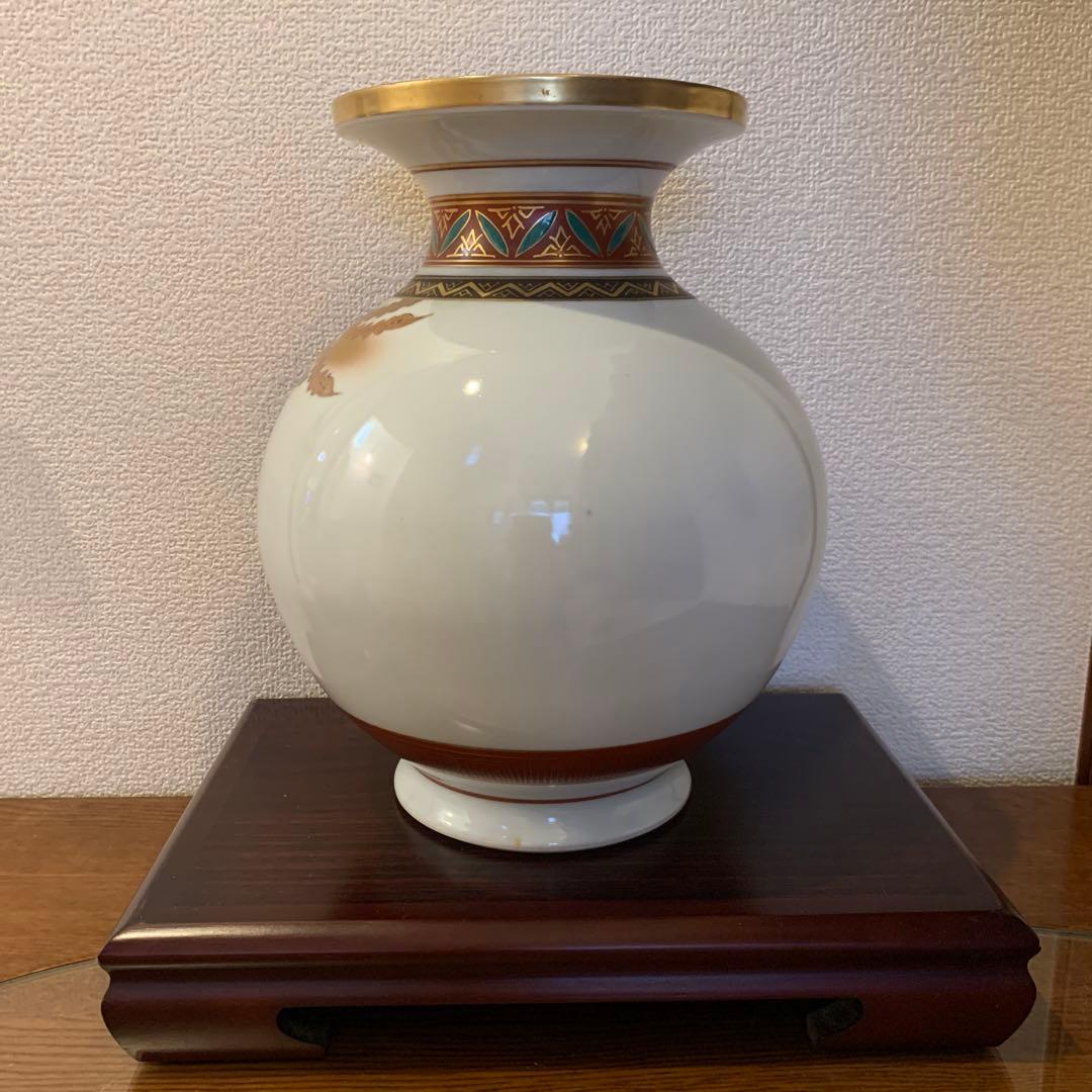 九谷焼 九谷栄峰作 金彩鳳凰文 飾壺 床の間 台付き