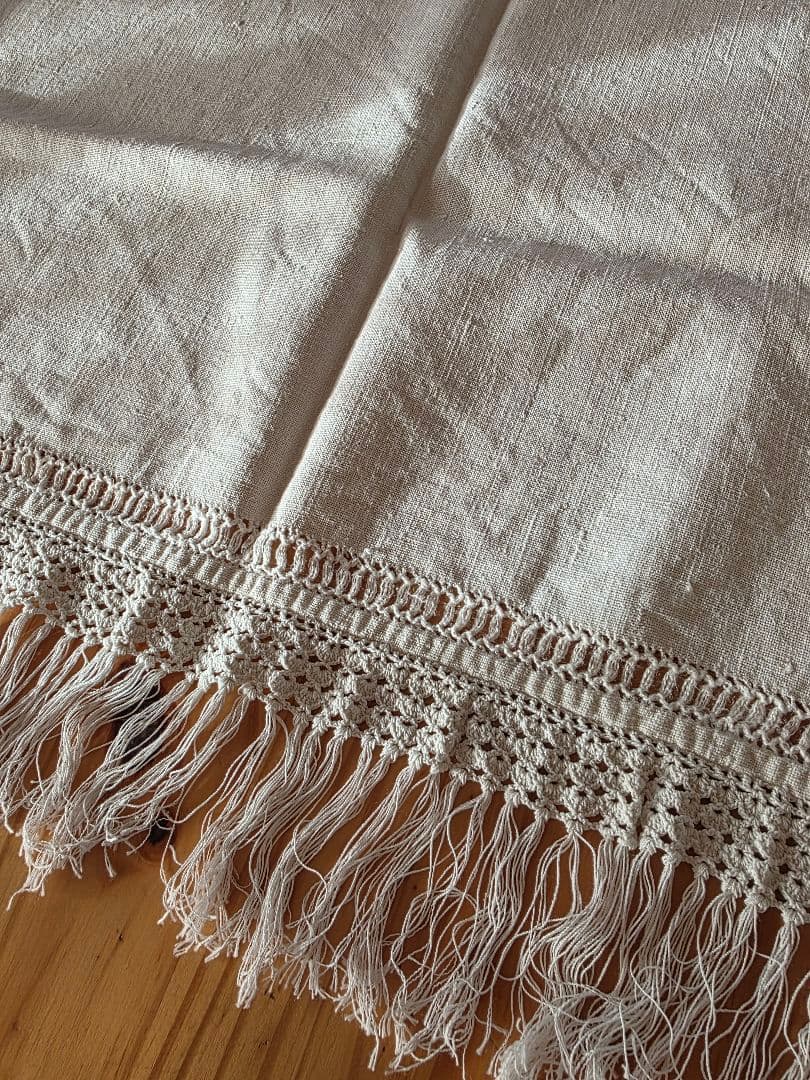 フランスアンティーク　手織りリネン　フリンジ付きクロス G.M刺繍