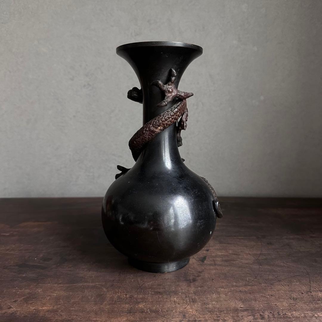【希少】　古銅　銅製　鉄龍巻　龍巻花瓶　雄峰造　雄峰在銘　花入れ　高岡銅器　小