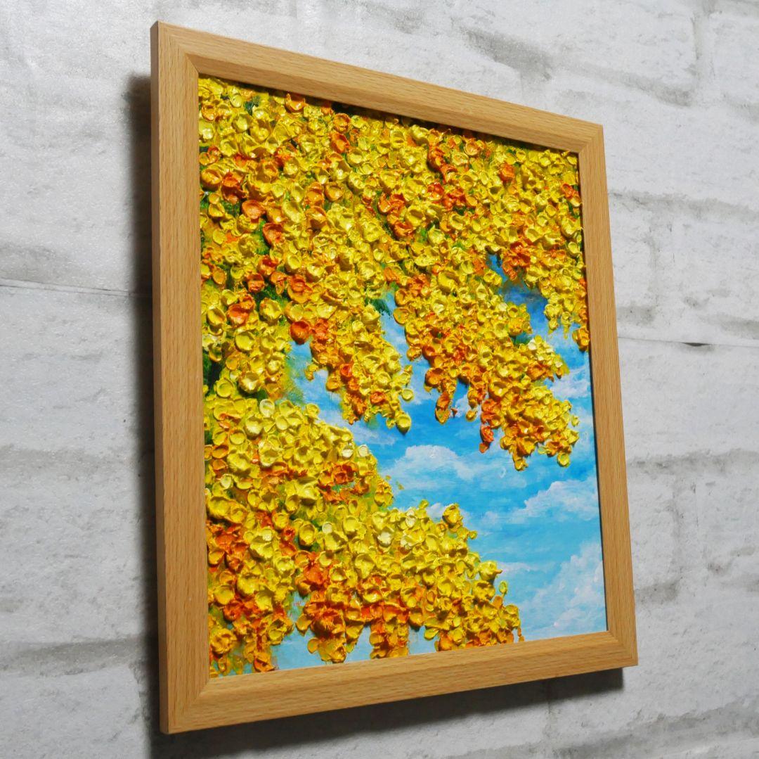 油絵 油彩 油彩画 絵 絵画 【青空に咲くミモザ 】