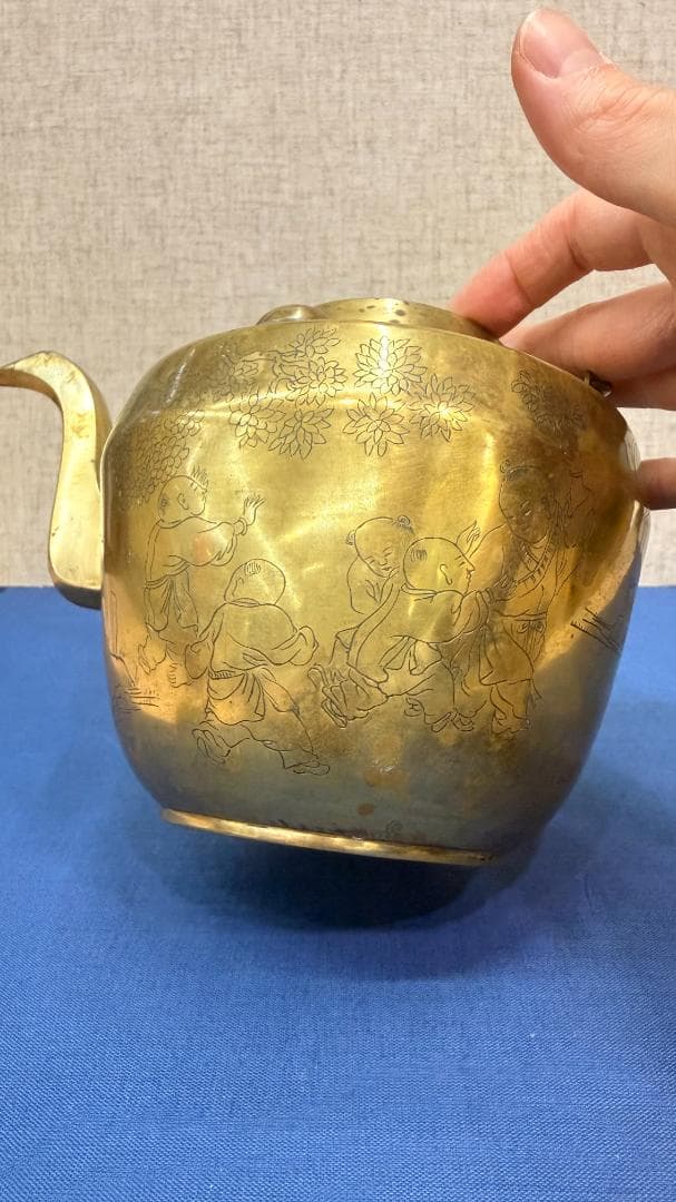 【一点物機能する骨董】古銅 煎茶急須 遊戯図彫刻・完全内筒付実用も楽しめる美品