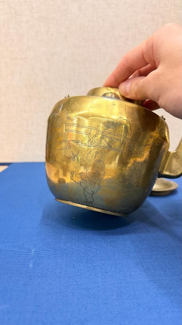 【一点物機能する骨董】古銅 煎茶急須 遊戯図彫刻・完全内筒付実用も楽しめる美品