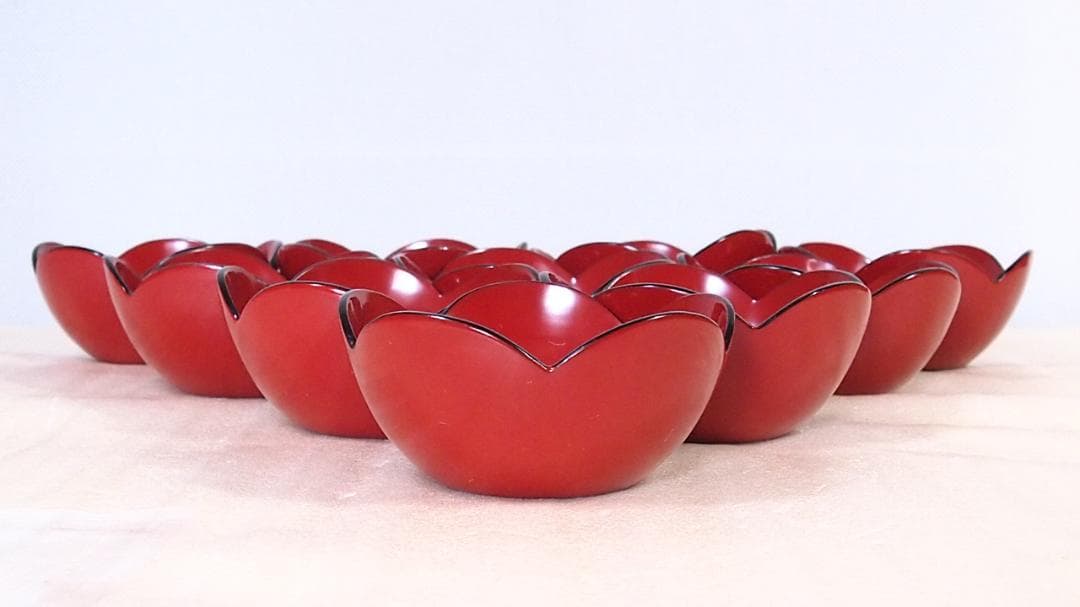 【良品】輪島塗 紫雲堂 蒔絵付き 梅小鉢10客 向付/珍味器 朱塗 漆器/食器