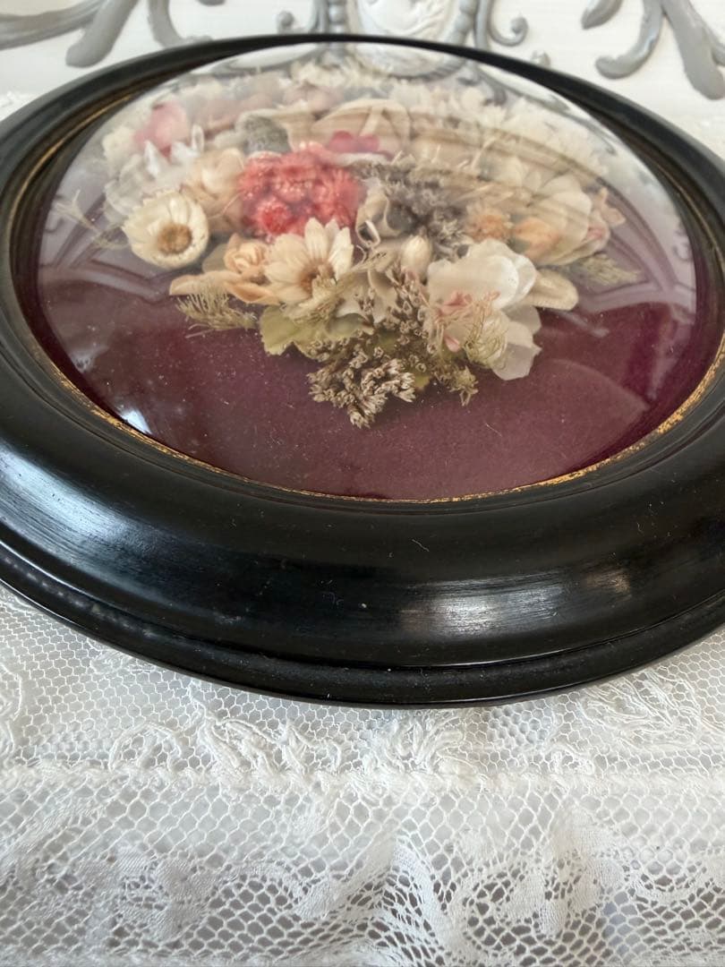 希少 フランスアンティーク お花のメダイヨン オーバルフレーム ドームガラス