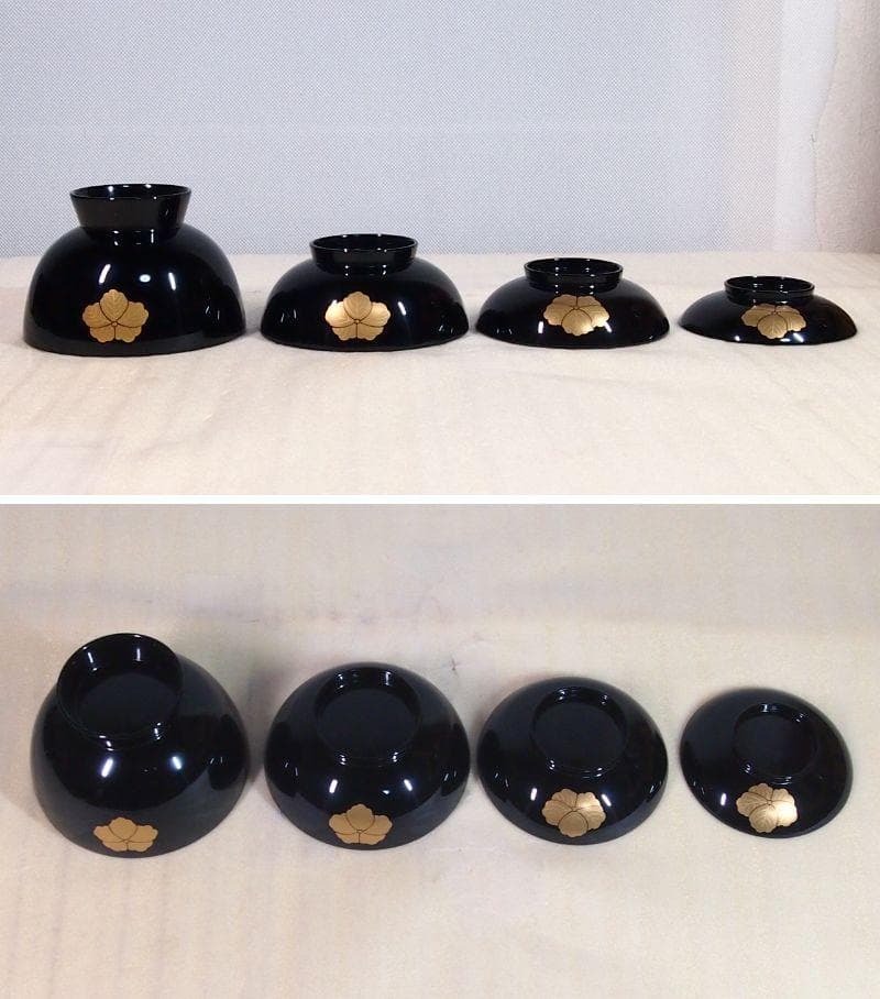 【未使用】輪島塗 熊野茂次 蔦蒔絵/蔦文 四つ椀5客 入れ子椀 布着本堅地 漆器