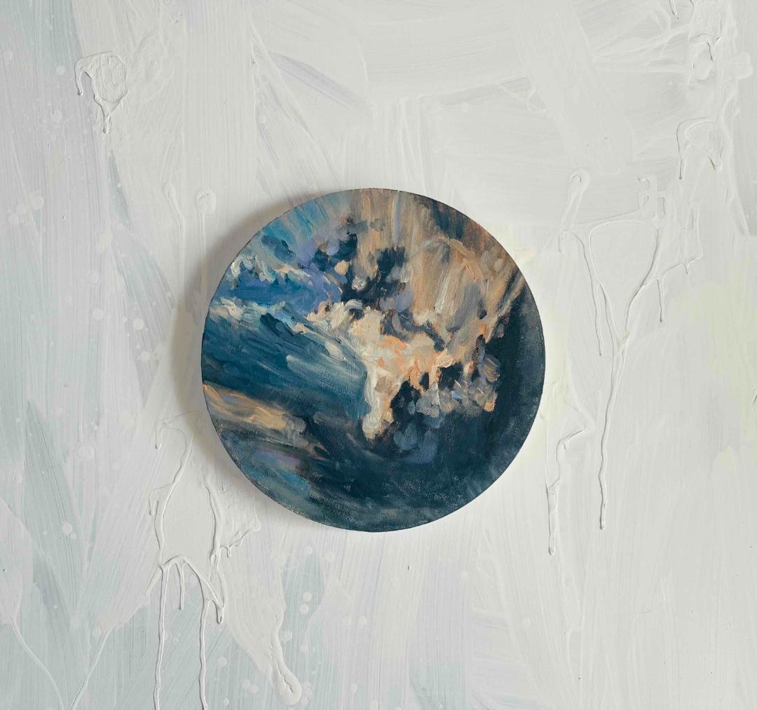 絵画「Khaos」家の上空　油彩・原画・直径30㎝　丸形・アートパネル
