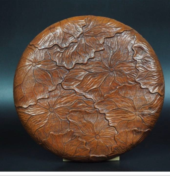 送料無料　時代物 蓮花総彫り盆 径26ｃｍ 大珍品　茶道具