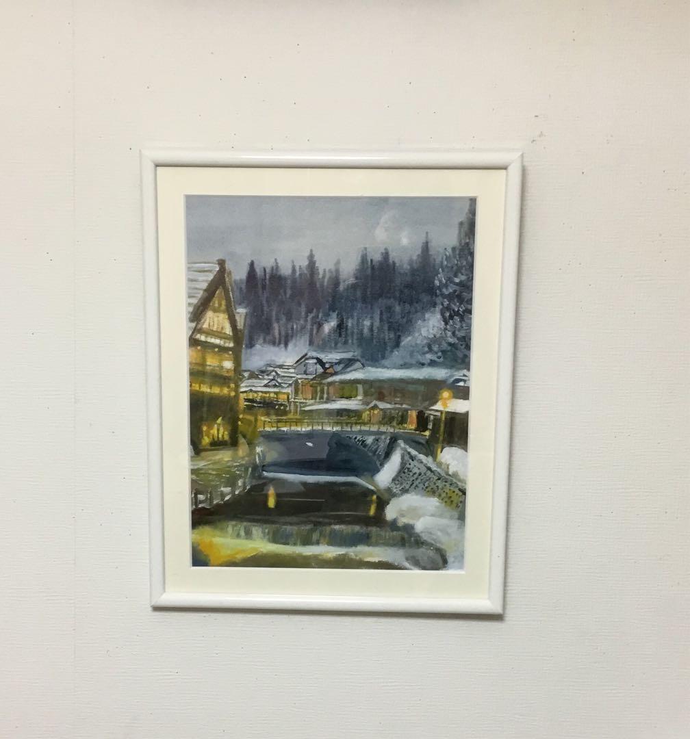 油彩画「　温泉街の冬景色　」額入