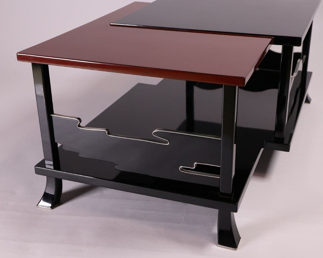 漆芸 二段卓 黒塗 うるみ塗 木製 錫覆輪 54.2cm 花台 古道具【MB58