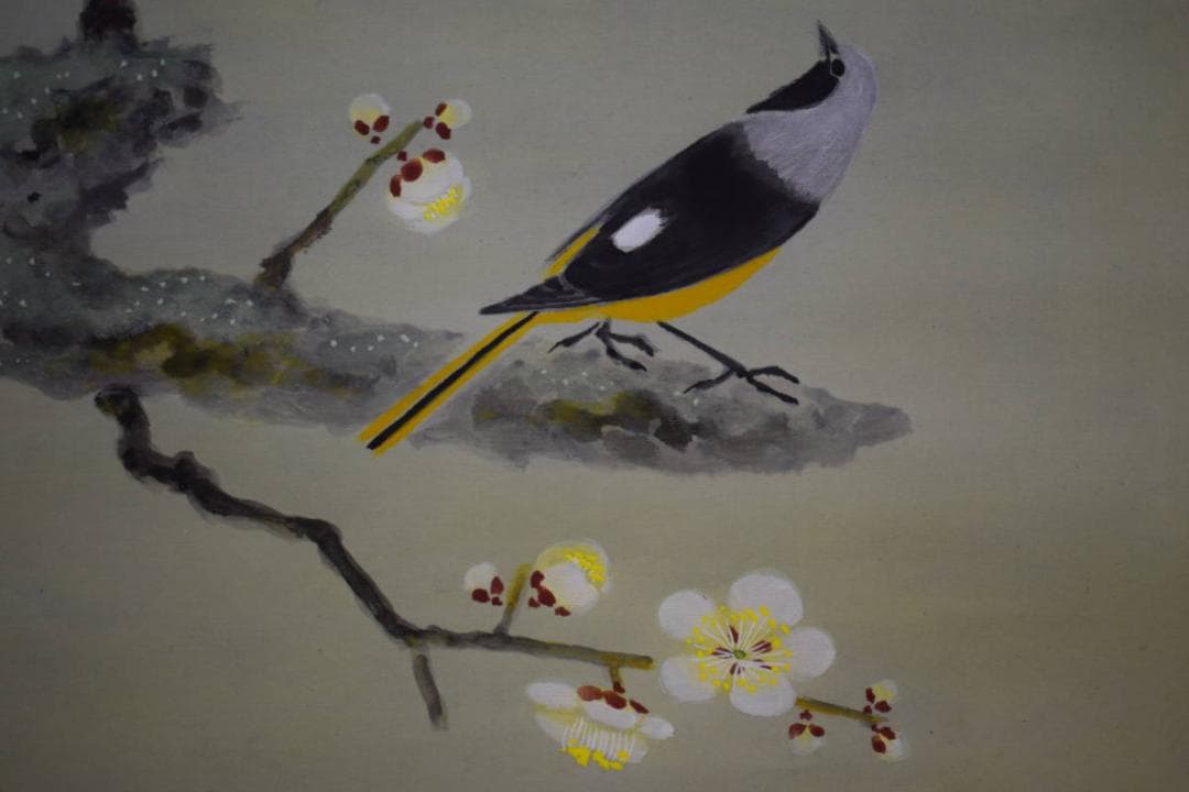 真作/島津崋山/白梅小禽図/桐共箱二重箱付/布袋屋掛軸HH-79