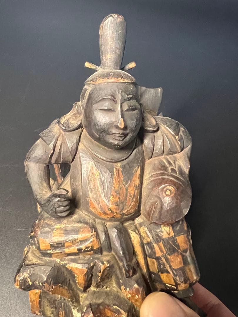 江戸後期〜明治初期 木彫 恵比寿像 ◎一木彫／古色自然／数寄者好み◎古美術庵々